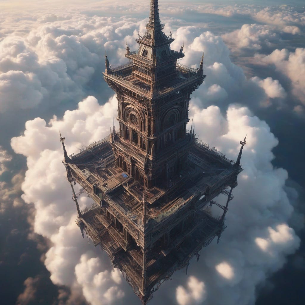 KI-Bild - verwendeter Text-Prompt: painting of tall tower from above the clouds, intricate abstract. delicate artwork. by Tooth Wu, wlop, beeple, dan mumford. octane render, trending on artstation, greg rutkowski very coherent symmetrical artwork. cinematic, hyper realism, high detail, octane render, 8k, depth of field, bokeh. chrome accents.