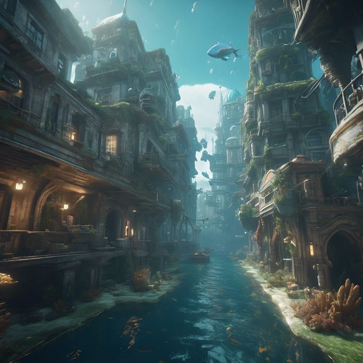 Verwendeter Text Prompt: A city under the sea, in style of johan grenier, greg rutkowski, artstation, 8 k 3 d, unreal engine, highly detailed, octane render, very intricate, cinematic lighting