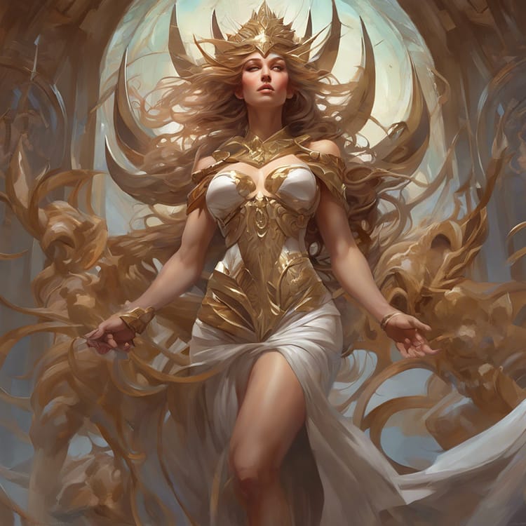 Verwendeter Text Prompt: The goddess of chaos intricate elegant, highly detailed, digital painting, artstation, concept art, smooth, sharp focus, illustration, art by artgerm and greg rutkowski and alphonse mucha, heavily influenced by frank frazetta and boris vallejo
