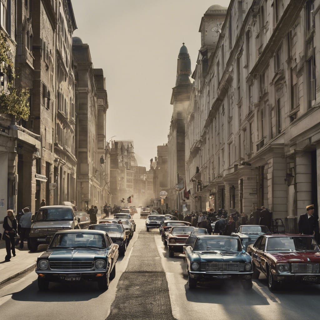 Fotorealistisches KI-Bild, generiert mit einem Text-to-Image-Bildgenerator (Text Prompt = a group of cars driving down a street)