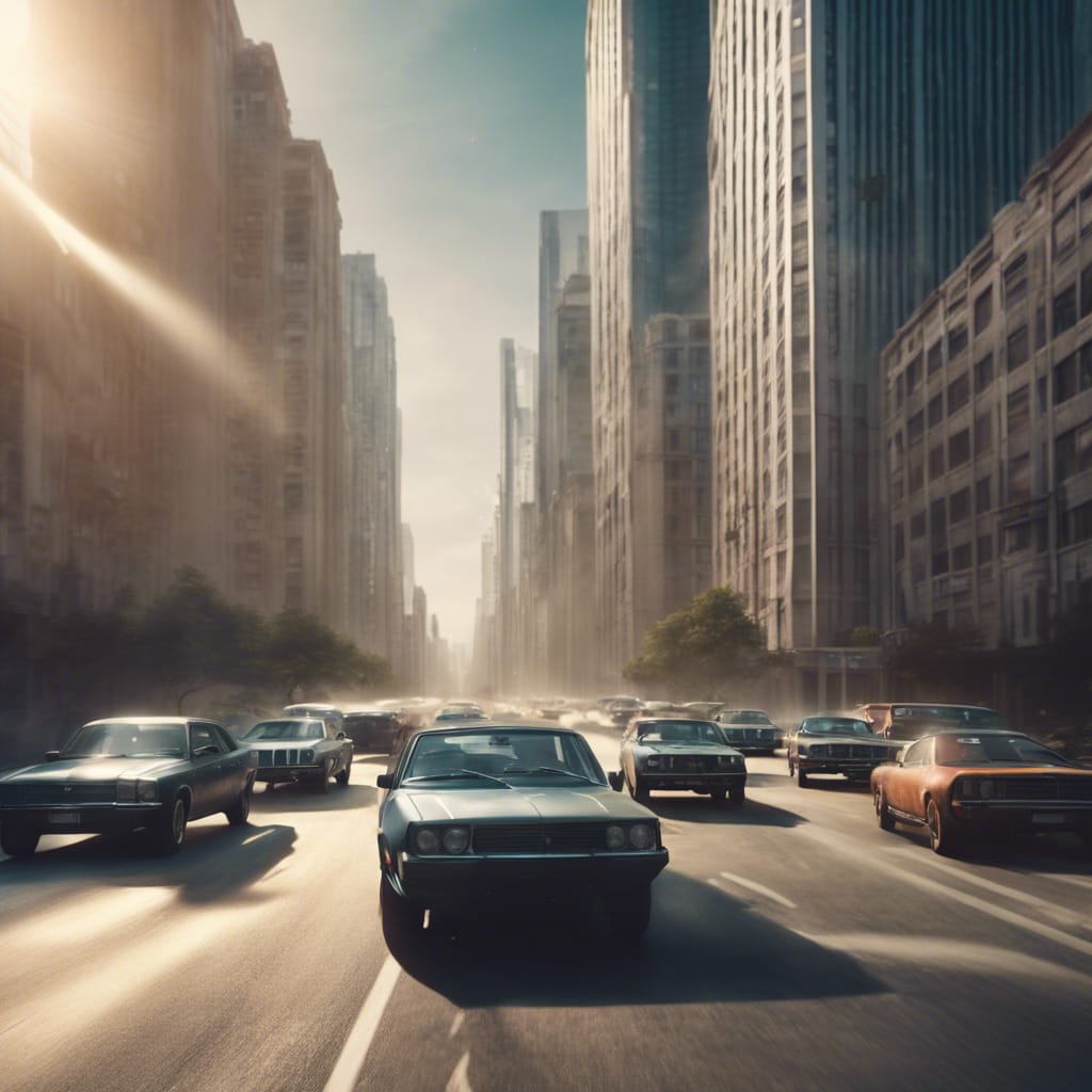 Fotorealistisches KI-Bild, generiert mit einem Text-to-Image-Bildgenerator (Text Prompt = a group of cars driving down a street next to tall buildings, a matte painting by andrey yefimovich martynov, pixiv, superflat, streetscape, anamorphic lens flare, photo taken with ektachrome)