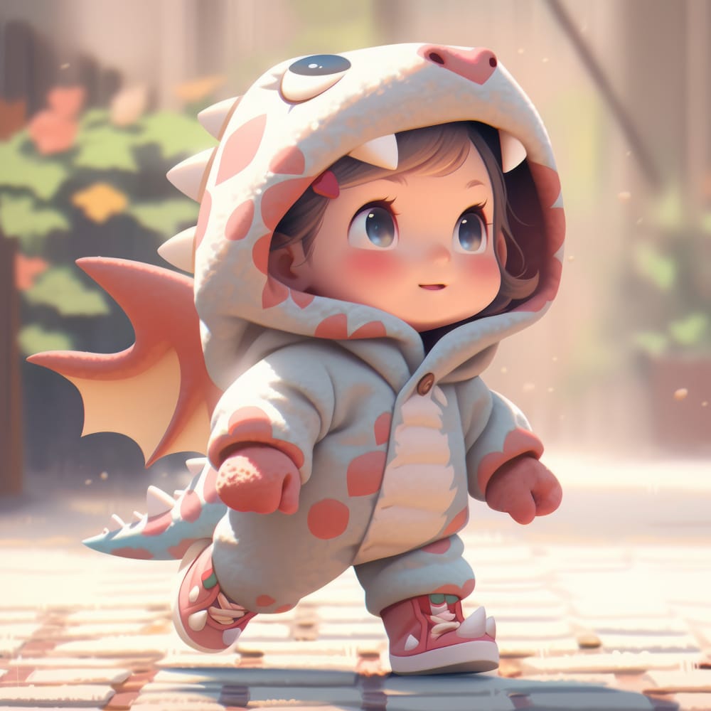 Kawaii in Reinkultur - Illustration einer Anime-Babyfigur mit Drachenkostüm