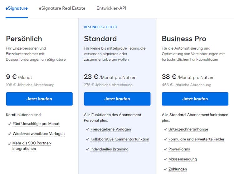 Preisstruktur von DokuSign