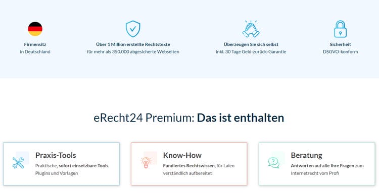 Juristisch abgesichert durch die Verwendung von Generatoren, Allgemeinen Geschäftsbedingungen, Cookie-Einwilligungstools, Live-Webinaren und Fachwissen für eine rechtlich einwandfreie Website - einschließlich Abmahnschutz für eRecht24 Rechtstexte.