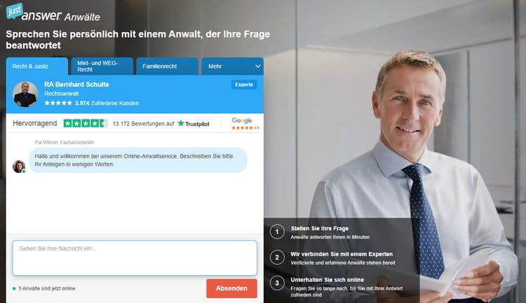 Mit einer JustAnswer-Mitgliedschaft sprechen Sie in wenigen Minuten mit Anwälten, Steuerberatern und weiteren Experten
