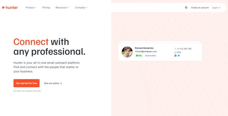 Hunter ist Ihre All-in-one-E-Mail-Outreach-Plattform. Finden Sie die Menschen, die für Ihr Unternehmen wichtig sind, und vernetzen Sie sich mit ihnen.