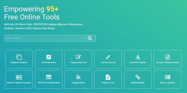 Mit über 95 Online-Tools hilft PREPOSTSEO jeden Monat Millionen von Webmastern, Studenten, Lehrern und SEO-Experten.