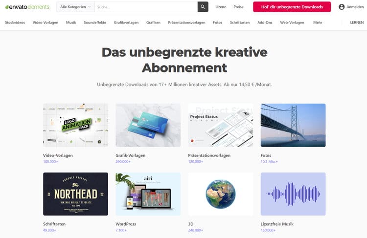 Envato Elements bietet unbegrenzte Downloads von 17+ Millionen kreativer Assets. Ab nur 14,50 € /Monat.