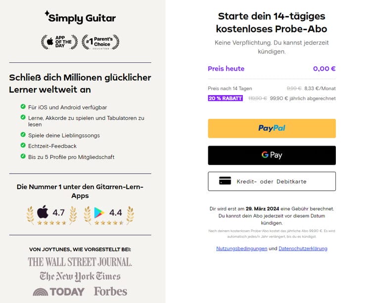 Simply Guitar - Preismodell und Zahlungsmethoden