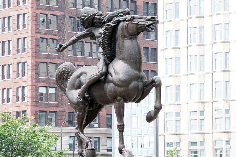 Ivan Meštrovićs „Der Speerkämpfer“ (Reiterindianer). 1928 im Congress Plaza, Grant Park, Chicago installiert.