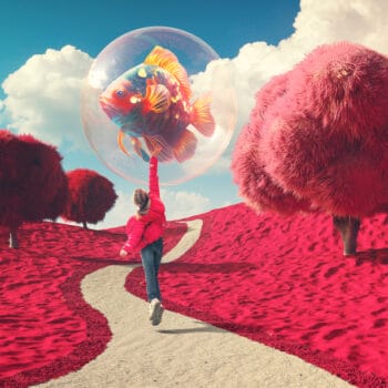 Surreale Landschaft mit einem Kind, das eine Blase hält - per KI erstelltes Bild