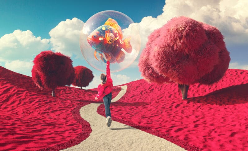 Surreale Landschaft mit einem Kind, das eine Blase hält - per KI erstelltes Bild