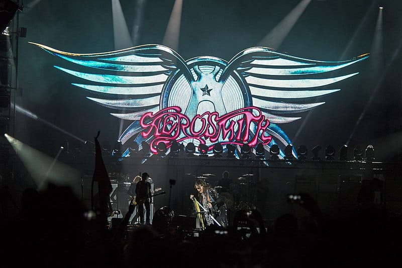 Das Bandlogo von Aerosmith bei einer Show beim Hellfest 2017, Frankreich.