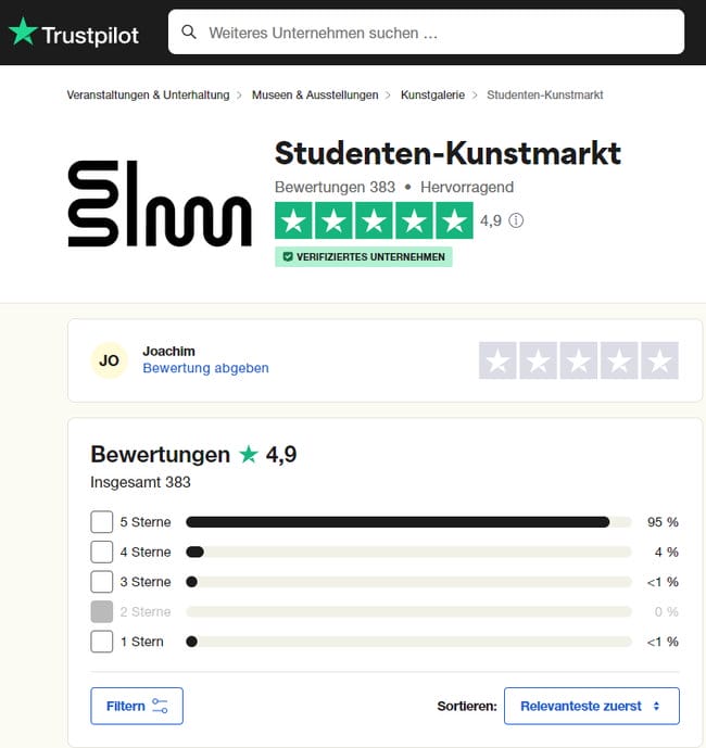 Studenten-Kunstmarkt auf Trustpilot mit sehr guter Durchschnittsbewertung