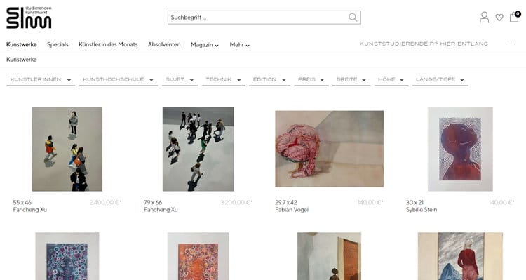 Der Online-Kunstmarkt von KSM kann mithilfe zahlreicher Filter durchstöbert werden
