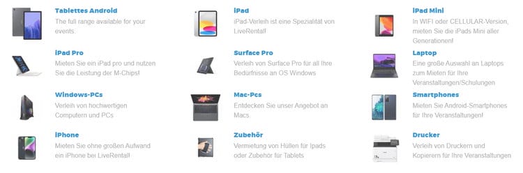Die Produktauswahl von LiveRental beinhaltet eine Vielfalt an Mietgeräten, wie iPads, Smartphones, Tablets, (High-End-)Laptops