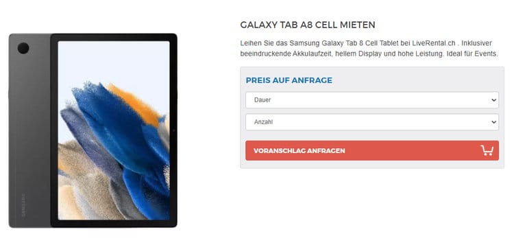 Beispielsweise lässt sich das Samsung Galaxy Tab A 8 Cell Tablet bei LiveRental.ch bequem mieten