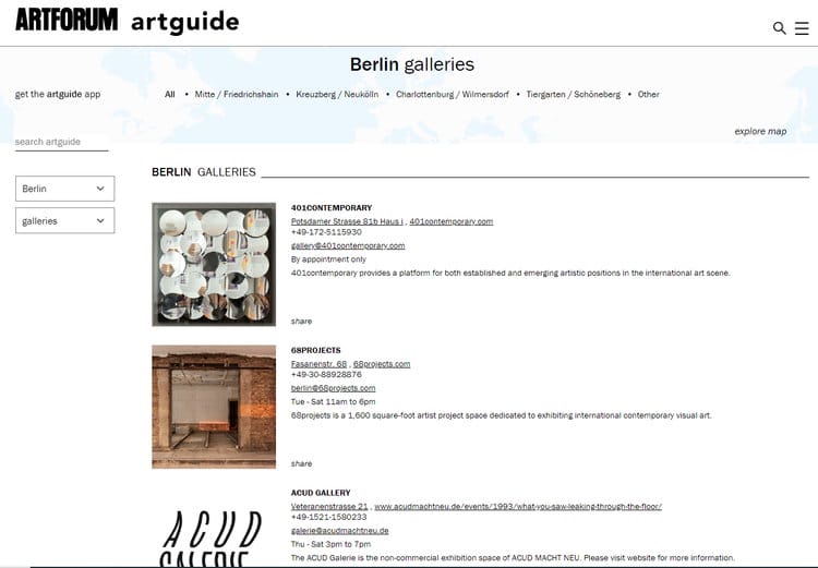 Über eine Suche nach Galerien in einer ausgewählten Stadt lässt sich schnell eine gefilterte Liste generieren - hier am Beispiel Berlin