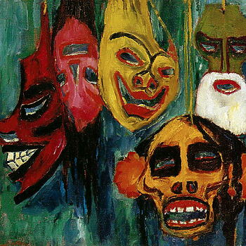 „Maskenstillleben III“ ist ein Öl-auf-Leinwand-Kunstwerk von Emil Nolde aus dem Jahr 1911.