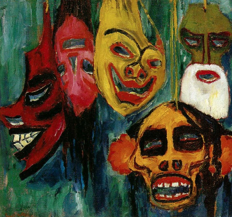 „Maskenstillleben III“ ist ein Öl-auf-Leinwand-Kunstwerk von Emil Nolde aus dem Jahr 1911.