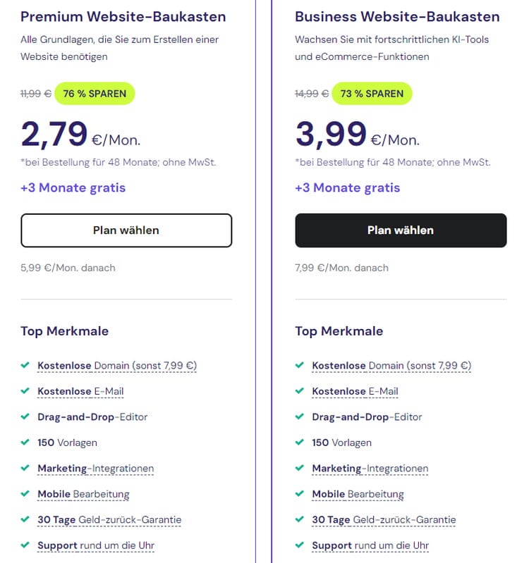 Günstige Tarife ab 2,79 EUR pro Monat inkl. kostenloser Domain; KI-Tools und eCommerce-Features in Business Version; keine kostenfreie Probeversion