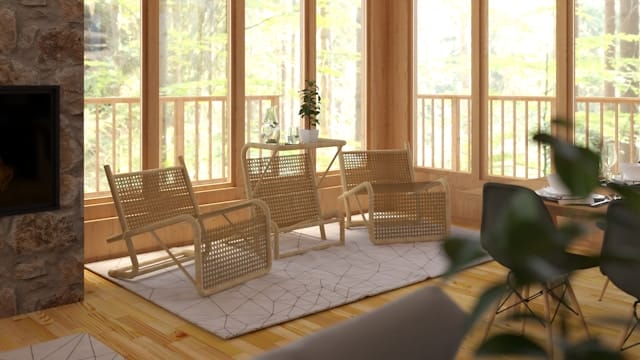 Rattanmöbel für den Innen- und Außenbereich - Ist ihre Popularität berechtigt? Inneneinrichtung boho Rattan-Lounge vor lichtdurchfluteten Fenstern