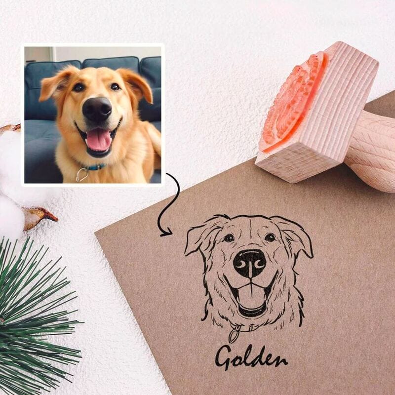 Een gepersonaliseerde huisdierenstempel met een handgetekend portret van uw huisdier