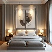 Kunstauswahl für Innenarchitektur: Statt einem großformatigen Bild kann auch ein Diptychon eine tolle Wahl über dem Bett darstellen