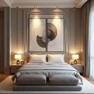 Kunstauswahl für Innenarchitektur: Statt einem großformatigen Bild kann auch ein Diptychon eine tolle Wahl über dem Bett darstellen