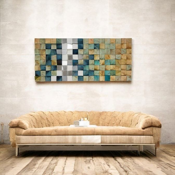 3D mural &quot;Yesil&quot; with mosaic on pine wood (green, silver color, white) - Figure 3