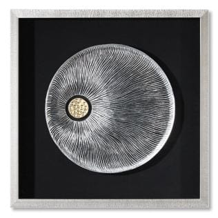 Handmade &quot;Pandora&quot; wall object made of pine wood behind glass, black silver