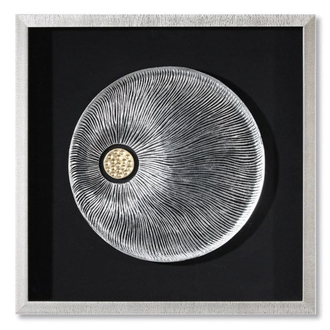 Handmade &quot;Pandora&quot; wall object made of pine wood behind glass, black silver