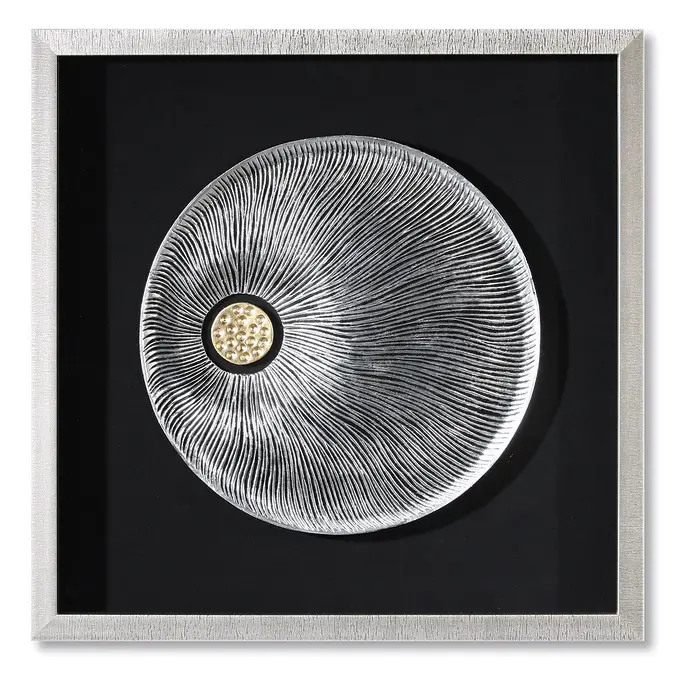Handmade &quot;Pandora&quot; wall object made of pine wood behind glass, black silver
