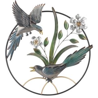 "Escúchame" - Relieve mural de metal con dos pájaros y flores en un anillo