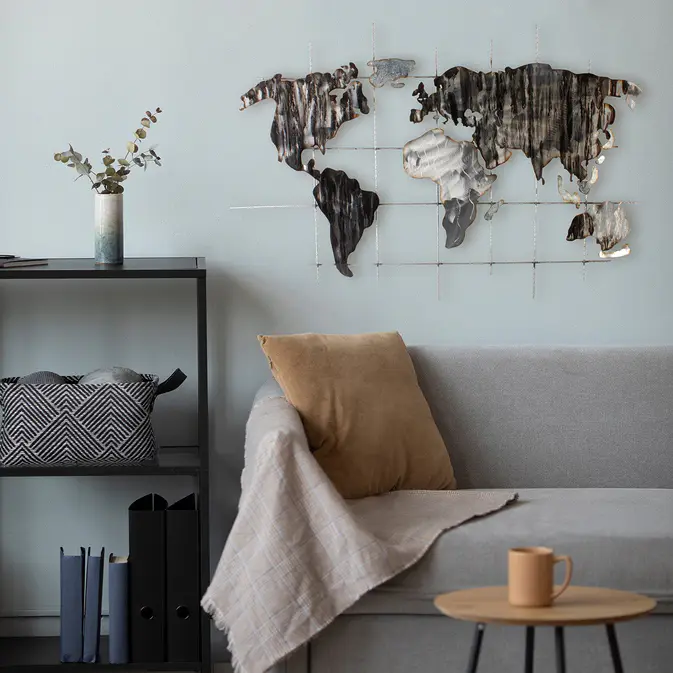 Monochrome World Map - Metall-Wandkunst mit Weltkarte – Bild 2