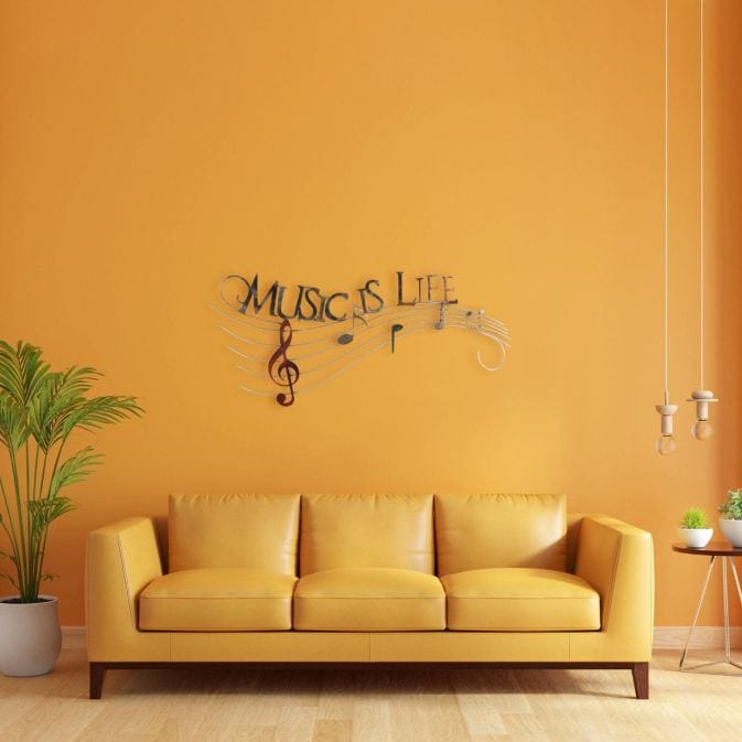 Music Is Life - Metallwanddekoration mit eleganten Notenlinien und Motto – Bild 2