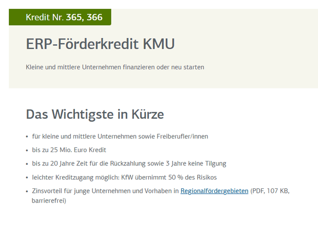 ERP-Förderkredit KMU mit oder ohne Risikoübernahme (Nr. 365, 366)