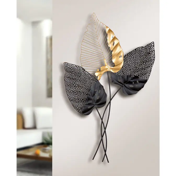 Large metal relief &quot;Santos&quot; with leaves in gold and black-picture 2