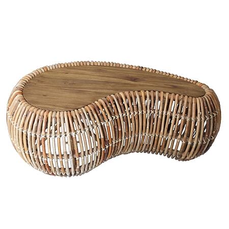 Couchtisch "Kidney" aus ungeschältem Rattan & recyceltem Teak