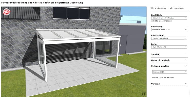 Terrassenüberdachung aus Alu – mit dem 3D-Konfigurator von LUXBACH Einrichtungen finden Sie schnell und bequem eine individuelle Dachlösung