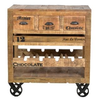 Wein-Kommode aus recyceltem Mangoholz, antikschwarze Metallbeschläge