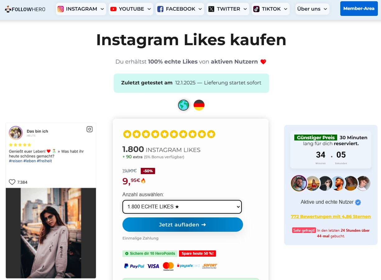 Der Anbieter FollowHero bietet 100% echte Likes von aktiven Nutzern und sichert den Kauf mit einer Geld-zurück-Garantie ab