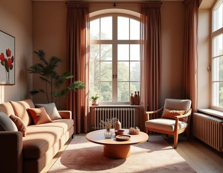Lichtdurchfluteter Wohnraum mit stimmigen Fenstern im Mocha Mousse Farbraum