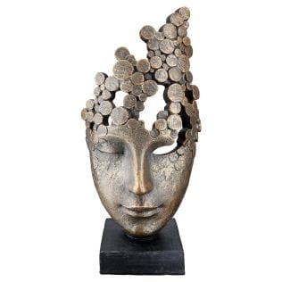 Poly sculpture &quot;Female Mask&quot; - female face in antique finish on base
