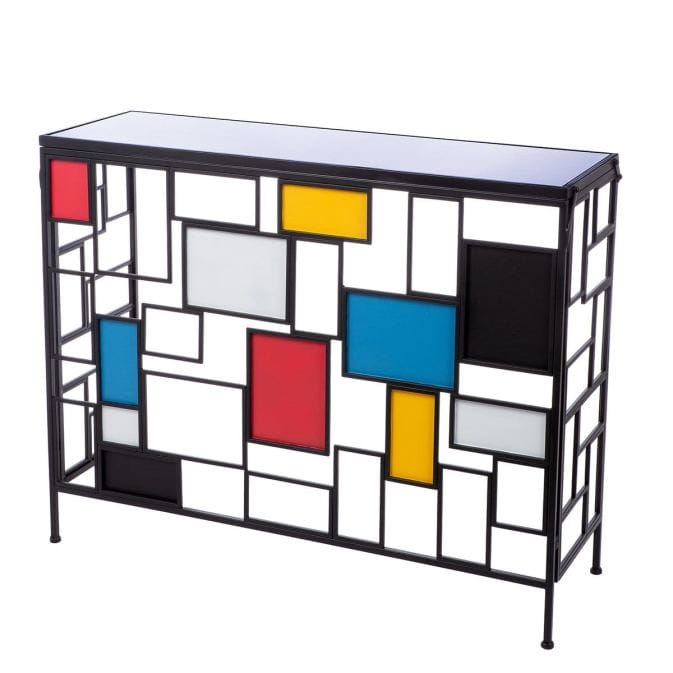 Beistelltisch "Mondrian", Glas-Metall-Mix in Moderner Kunst Optik