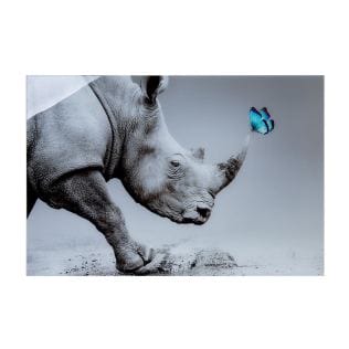 Stampa artistica su vetro acrilico "Rinoceronte e farfalla" con cornice in alluminio di alta qualità