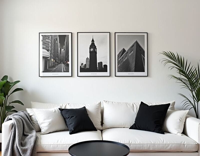 Urban und modern: Schwarz-weiße Architekturaufnahmen und geometrische Designs verliehen dem Raum einen zeitgenössischen, großstädtischen Charakter.