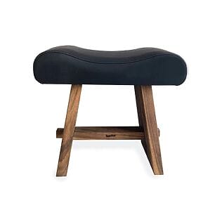 Suar wood stool with matte leather seat, natural black