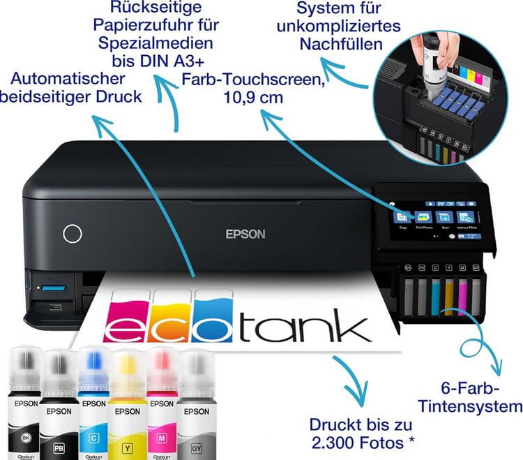 Epson EcoTank ET-8550 Fotodrucker für kreative Enthusiasten, ultrakomfortables A3+-Format, 6-Farb-Tinten, 5-Wege-Medienmanagement