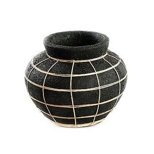 Terrakotta Bauchvase mit Rattan-Details, Schwarz (Größe: M)